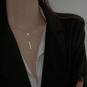 Silver Double Layer Bar Zircon Necklace