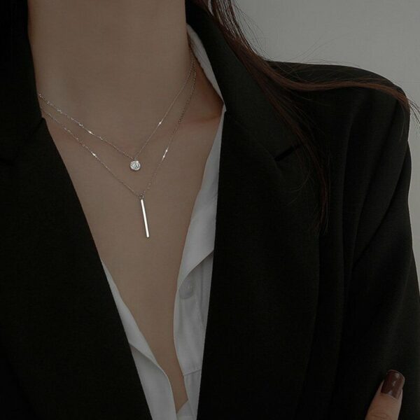Silver Double Layer Bar Zircon Necklace