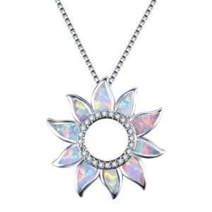 Sun Flower Opal Silver Pendant Chain Necklace