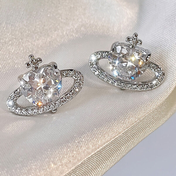 925 Silver Planet Heart Crystal Stud Earrings