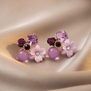 Purple Crystal Flower Gold Plated Stud Earrings