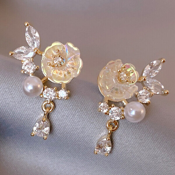 18k Gold Crystal Rose Flower Dangle Drop Earrings