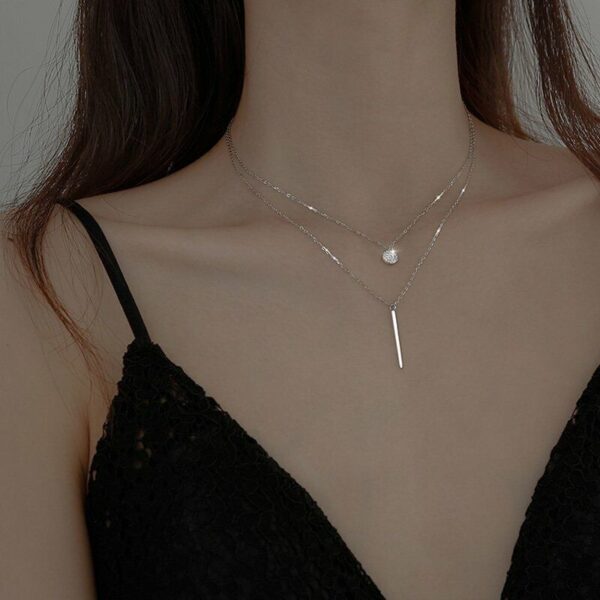 Silver Double Layer Bar Zircon Necklace - Image 2