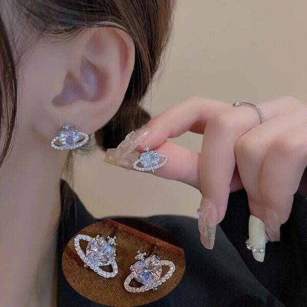925 Silver Planet Heart Crystal Stud Earrings - Image 2