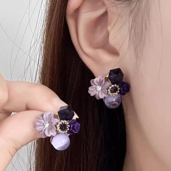 Purple Crystal Flower Gold Plated Stud Earrings - Image 2