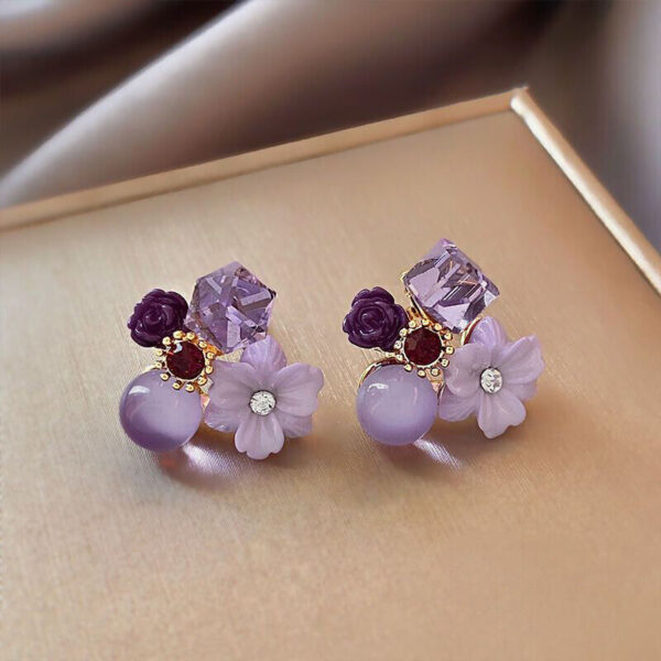 Purple Crystal Flower Gold Plated Stud Earrings - Image 3