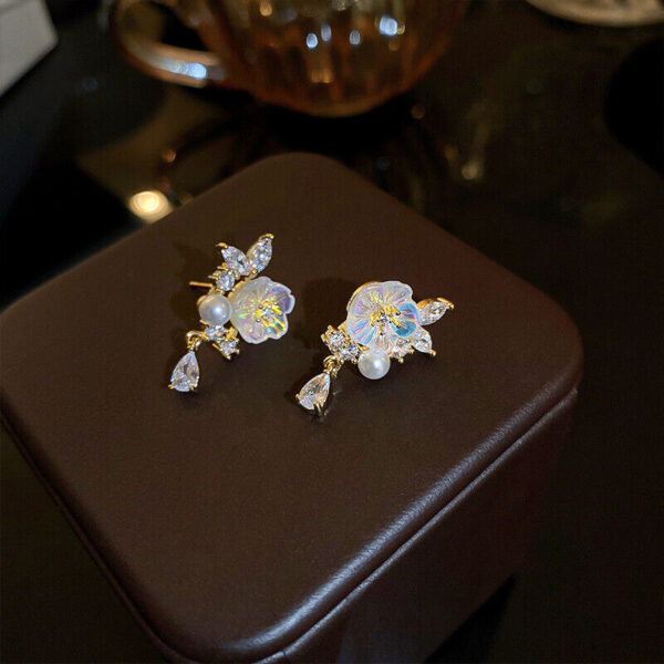 18k Gold Crystal Rose Flower Dangle Drop Earrings - Image 3