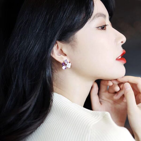 Purple Crystal Flower Gold Plated Stud Earrings - Image 4