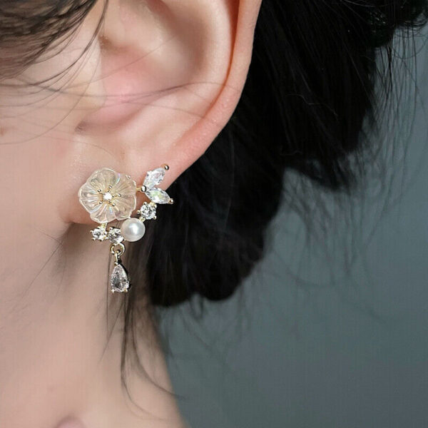 18k Gold Crystal Rose Flower Dangle Drop Earrings - Image 4